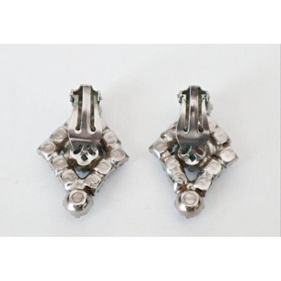 Vintage Earrings Clip On Blue Auroara Borealis Rhinestones Mid Century 1950s  Lo - Picture 2 of 5